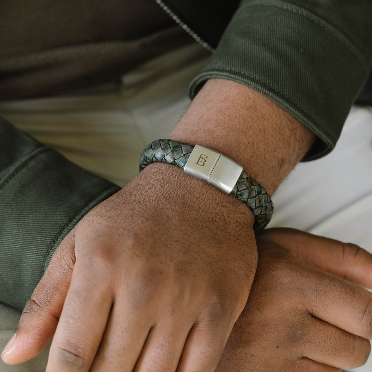 green leather bracelet for men with stainless steel clasp from steel and barnett