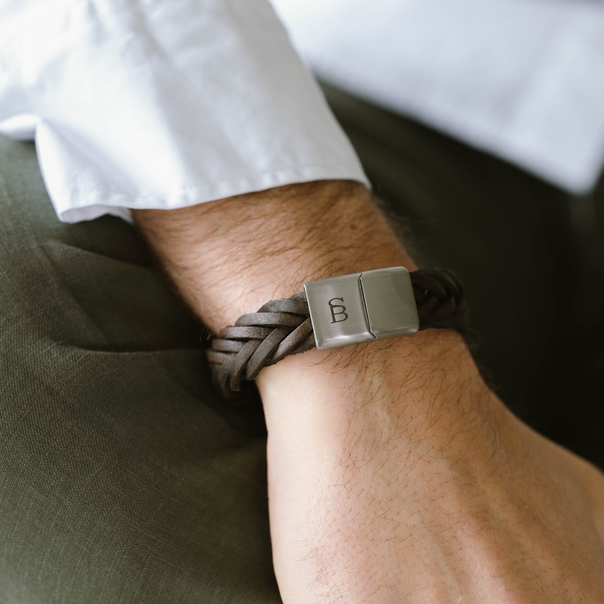 brown leather bracelet braided stainless steel clasp steel and barnett  Preston Leather Bracelet Brown