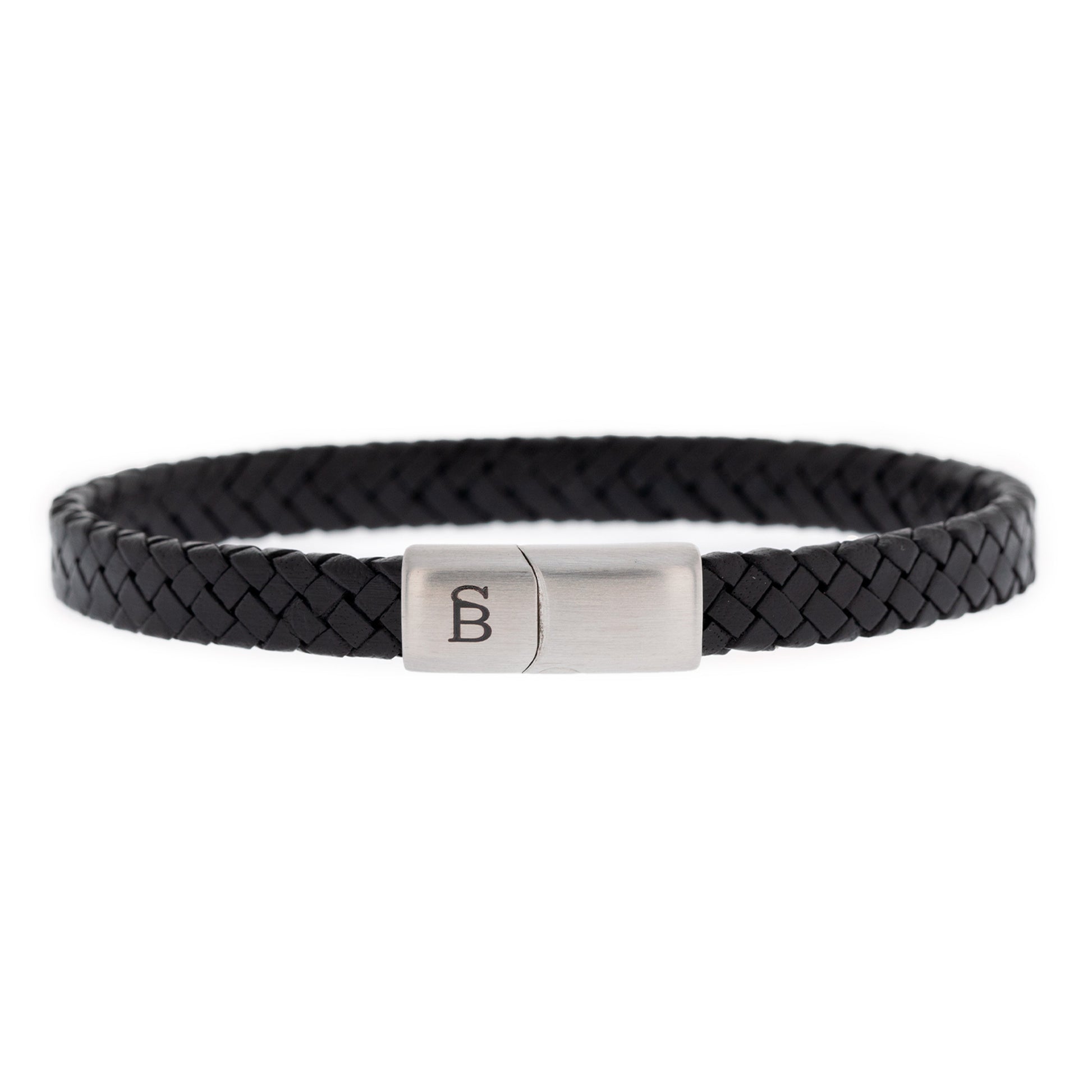 thin black leather bracelet black and silver stainless steel steel and barnett Riley Leather Bracelet Black