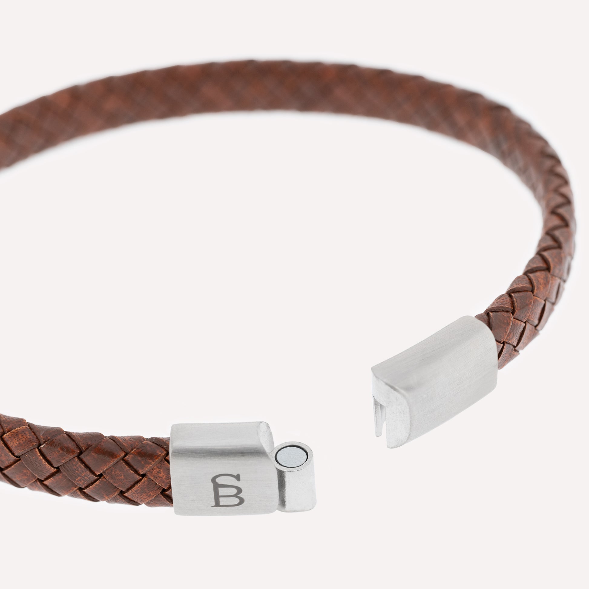 thin brown peanut cognac leather bracelet black and silver stainless steel steel and barnett Riley Leather Bracelet Black