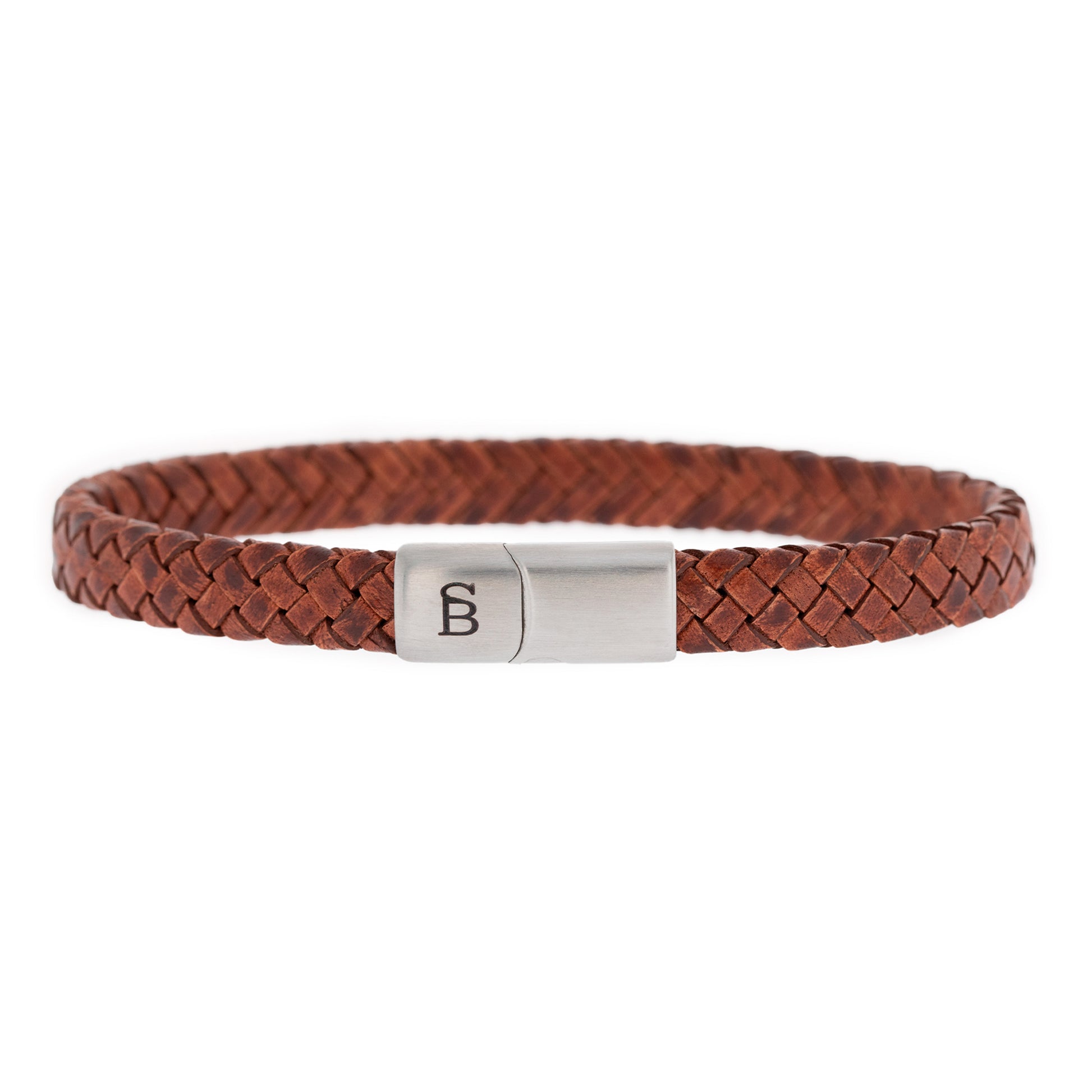 thin brown peanut cognac leather bracelet black and silver stainless steel steel and barnett Riley Leather Bracelet Black