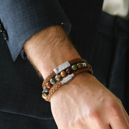 cognac brown bracelets for men leather gemstones stainless steel steel and barnett gifts for him bracelet set