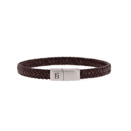 thin brown vintage leather bracelet black and silver stainless steel steel and barnett Riley Leather Bracelet Black