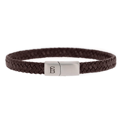 thin brown vintage leather bracelet black and silver stainless steel steel and barnett Riley Leather Bracelet Black