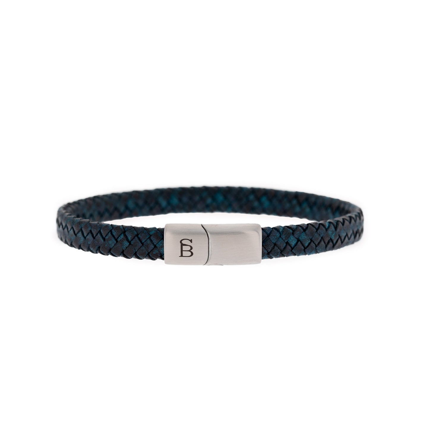 thin blue vintage leather bracelet black and silver stainless steel steel and barnett Riley Leather Bracelet Black