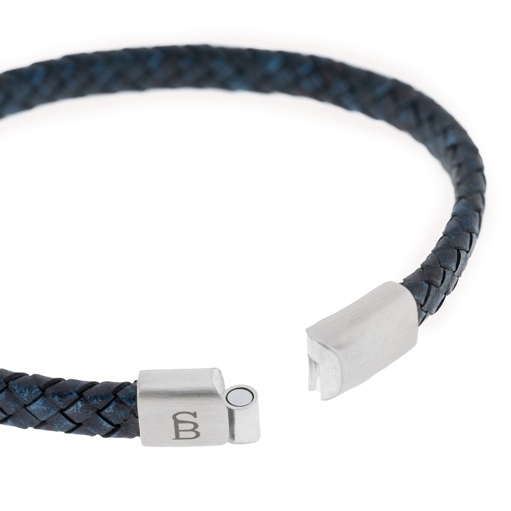 thin blue vintage leather bracelet black and silver stainless steel steel and barnett Riley Leather Bracelet Black