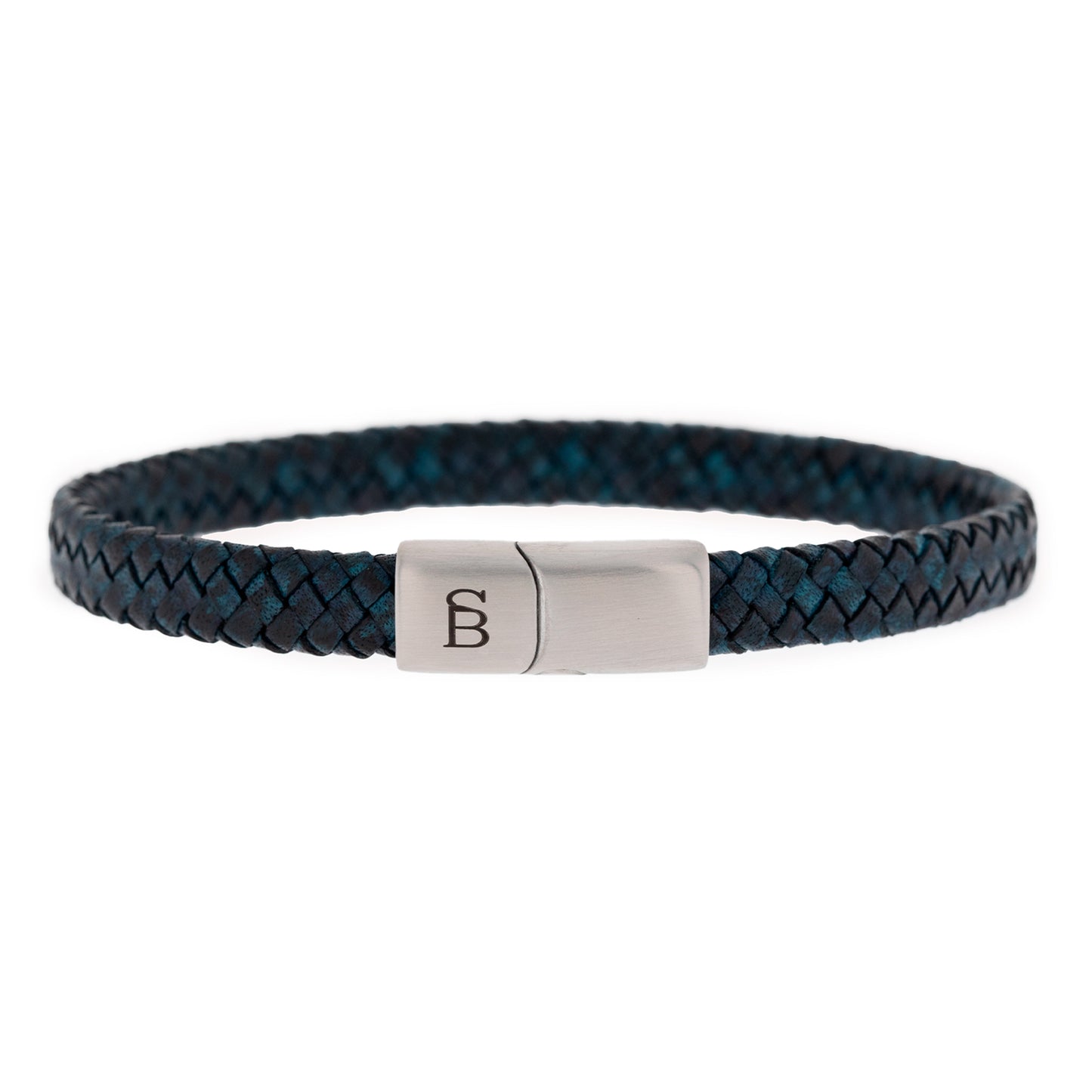 thin blue vintage leather bracelet black and silver stainless steel steel and barnett Riley Leather Bracelet Black