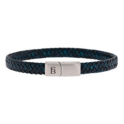 thin blue vintage leather bracelet black and silver stainless steel steel and barnett Riley Leather Bracelet Black