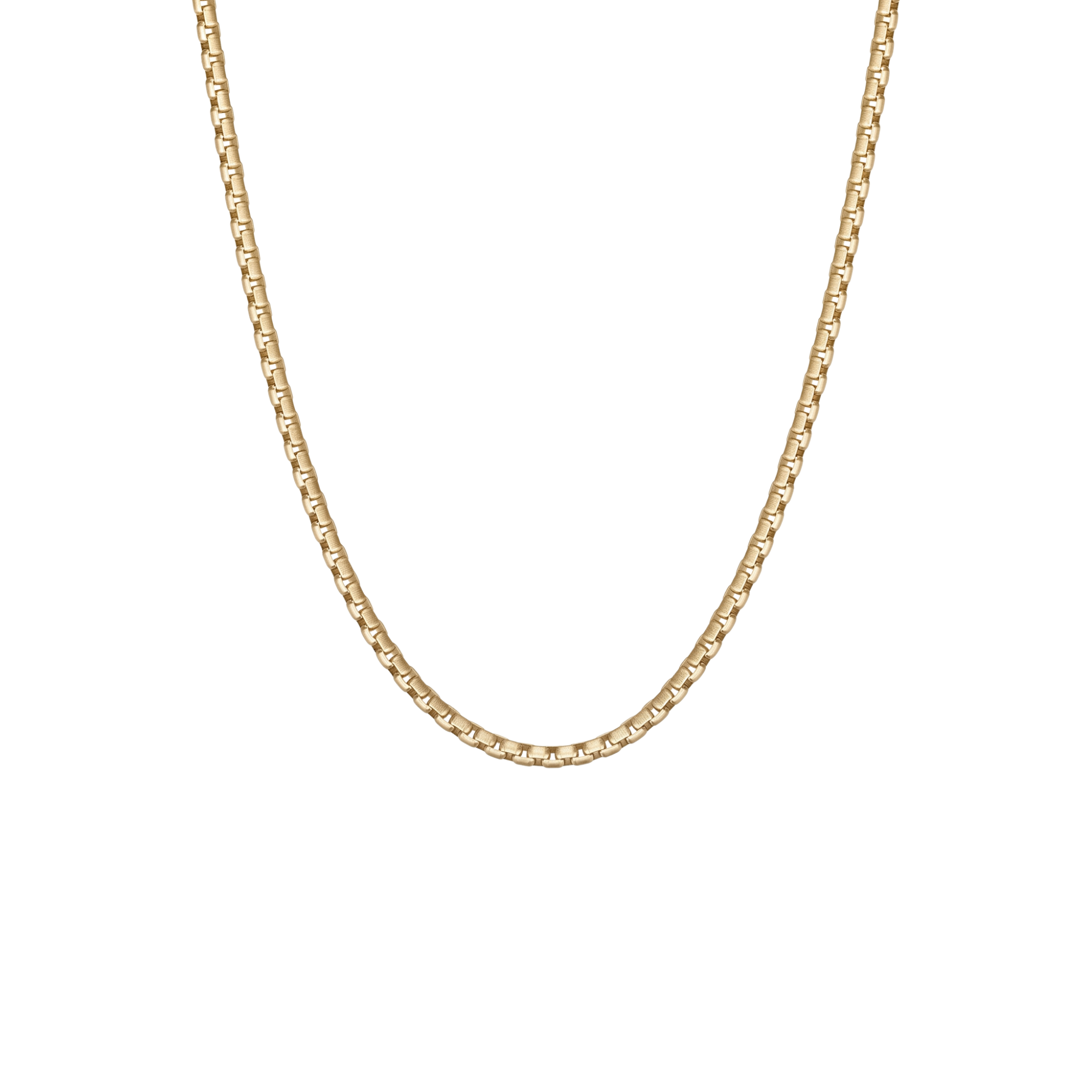 A gold chain necklace with a classic box link design, shown against a solid white background.