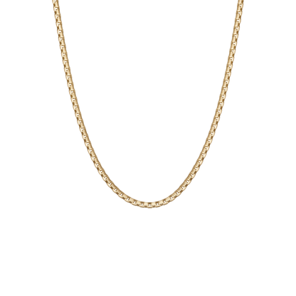 A gold chain necklace with a classic box link design, shown against a solid white background.