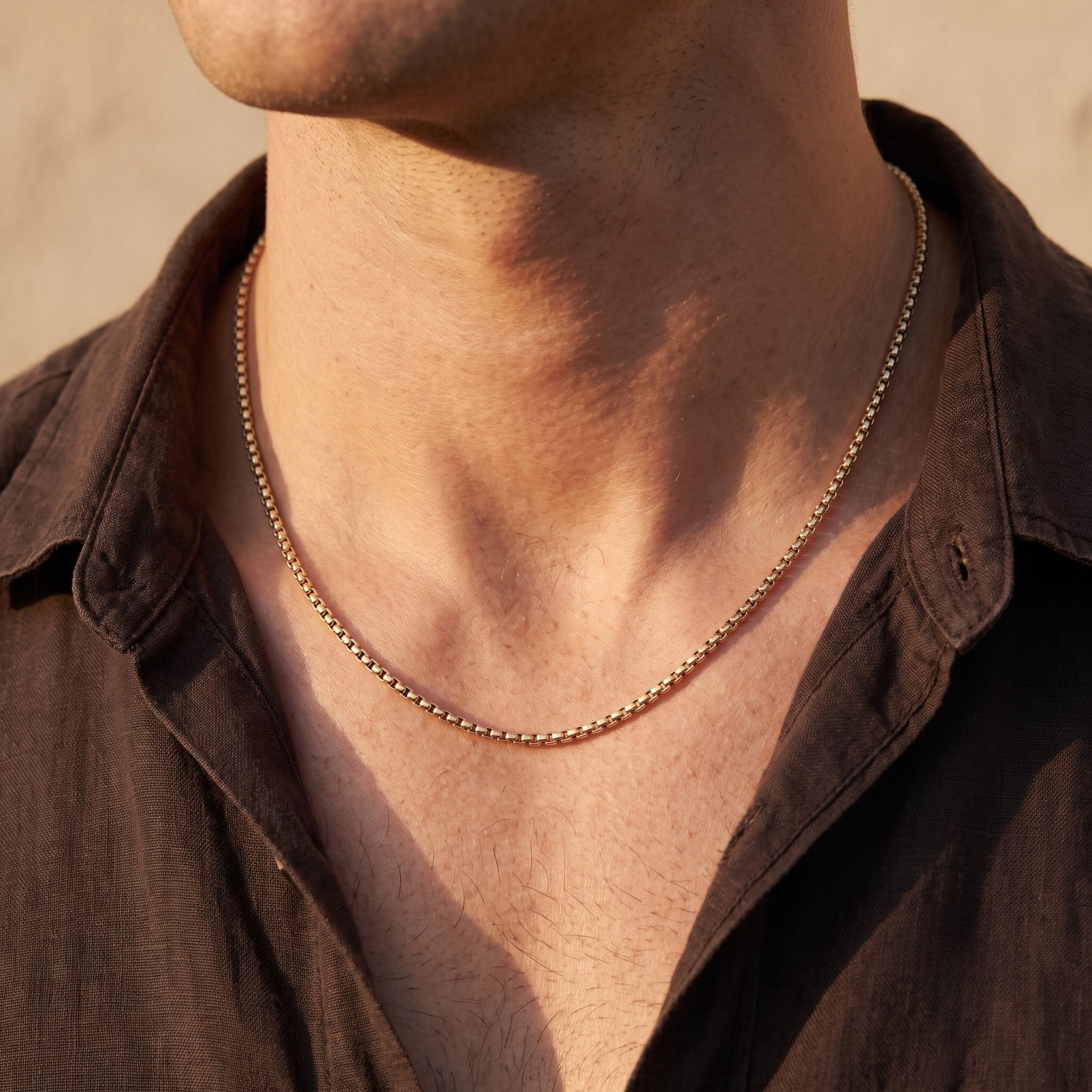 A close-up of a man's neck and chest wearing a delicate gold chain necklace over a dark brown shirt, with warm sunlight casting shadows.