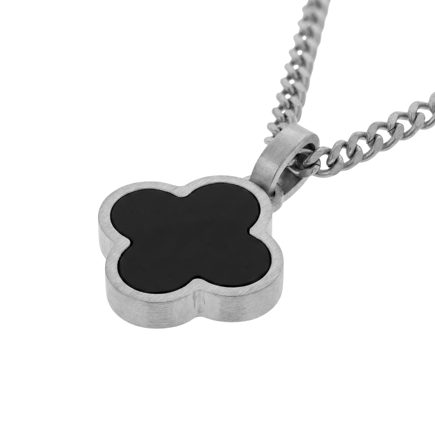 Men's brushed stainless steel necklace with black clover pendant in close up detail view