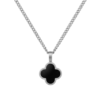 Lucky Clover Black Onyx Pendant Necklace For Men