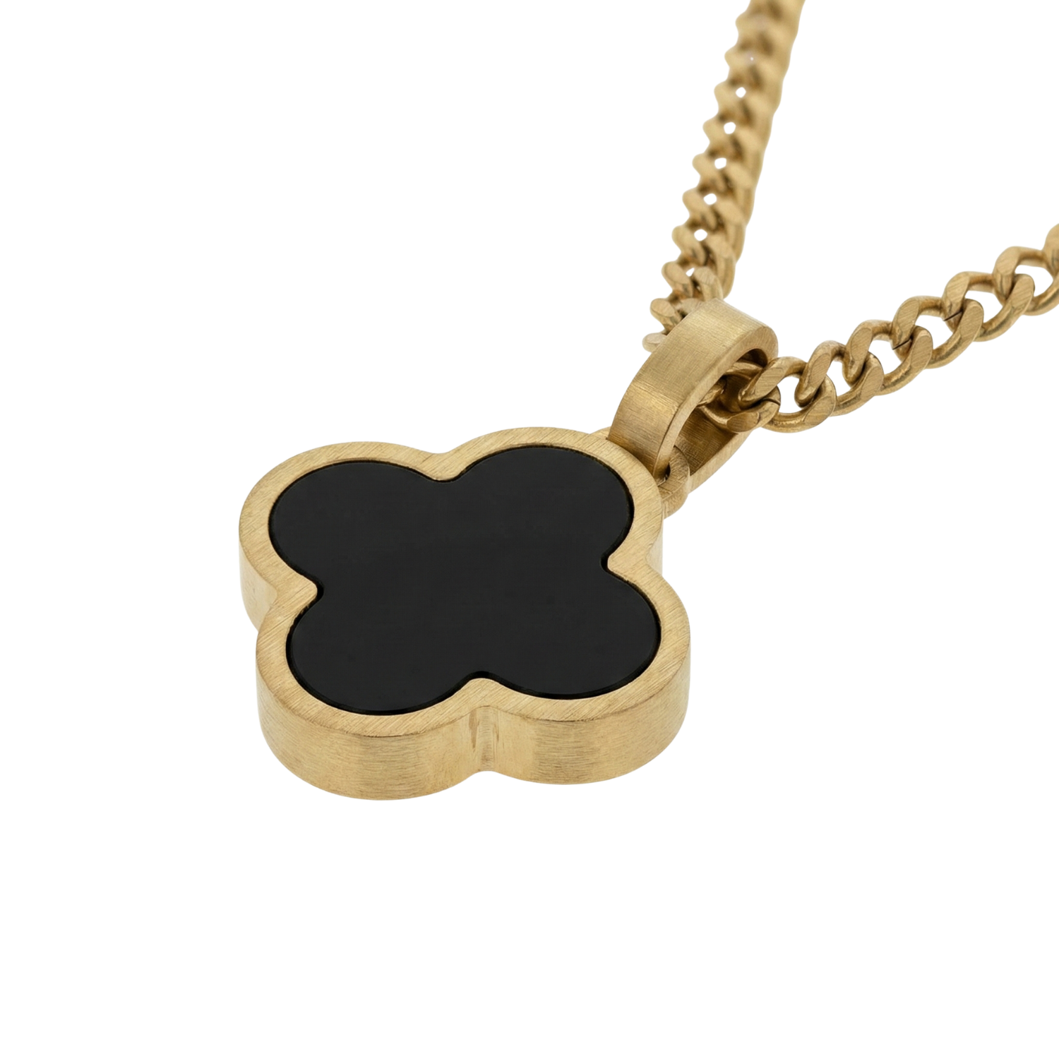 Gold necklace with a black clover-shaped pendant on a white background