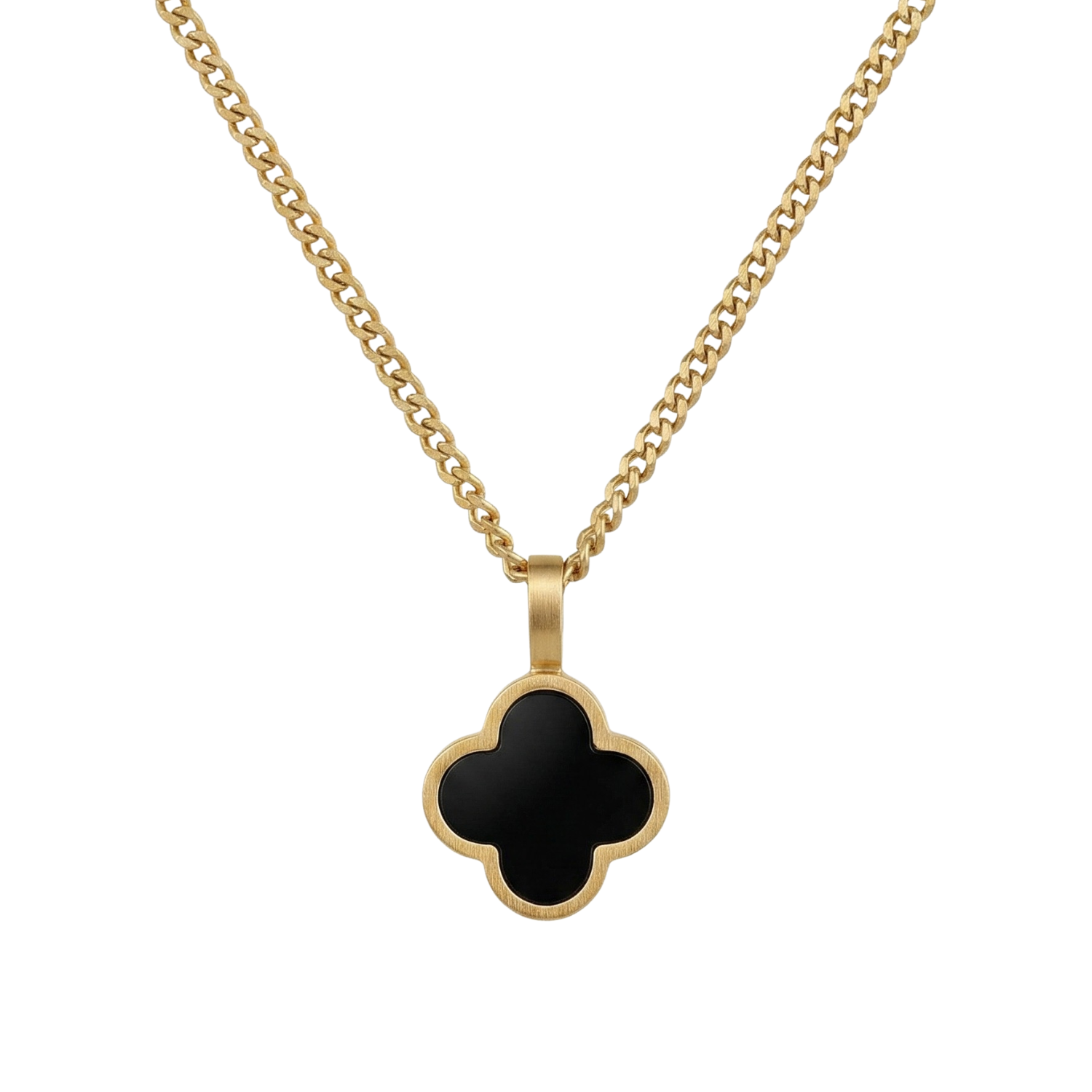 Gold necklace with a black onyx clover pendant on a white background