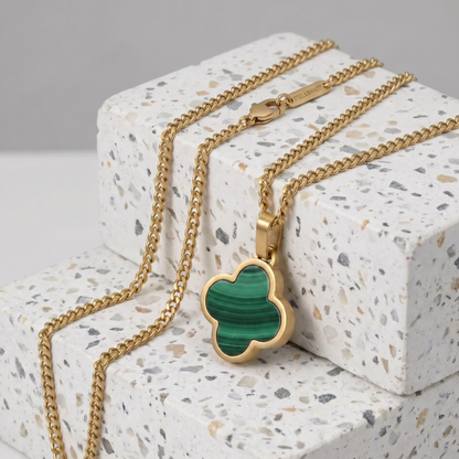 Lucky Clover Malachite Pendant Necklace In 18K Plated Gold For Men