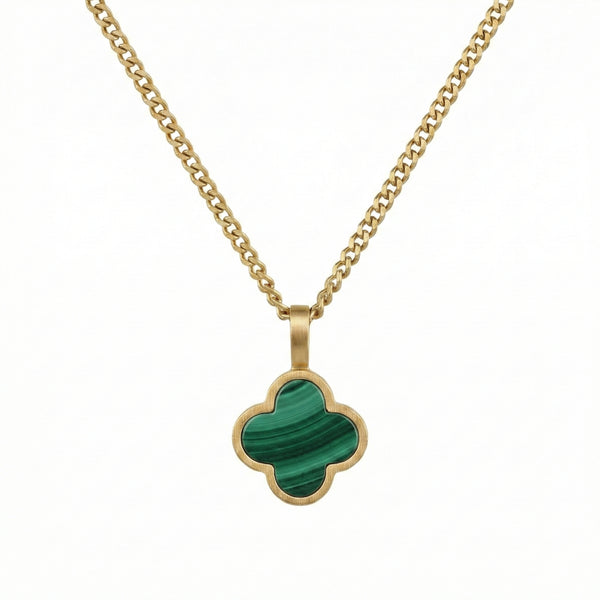 Lucky Clover Malachite Pendant Necklace In 18K Plated Gold For Men