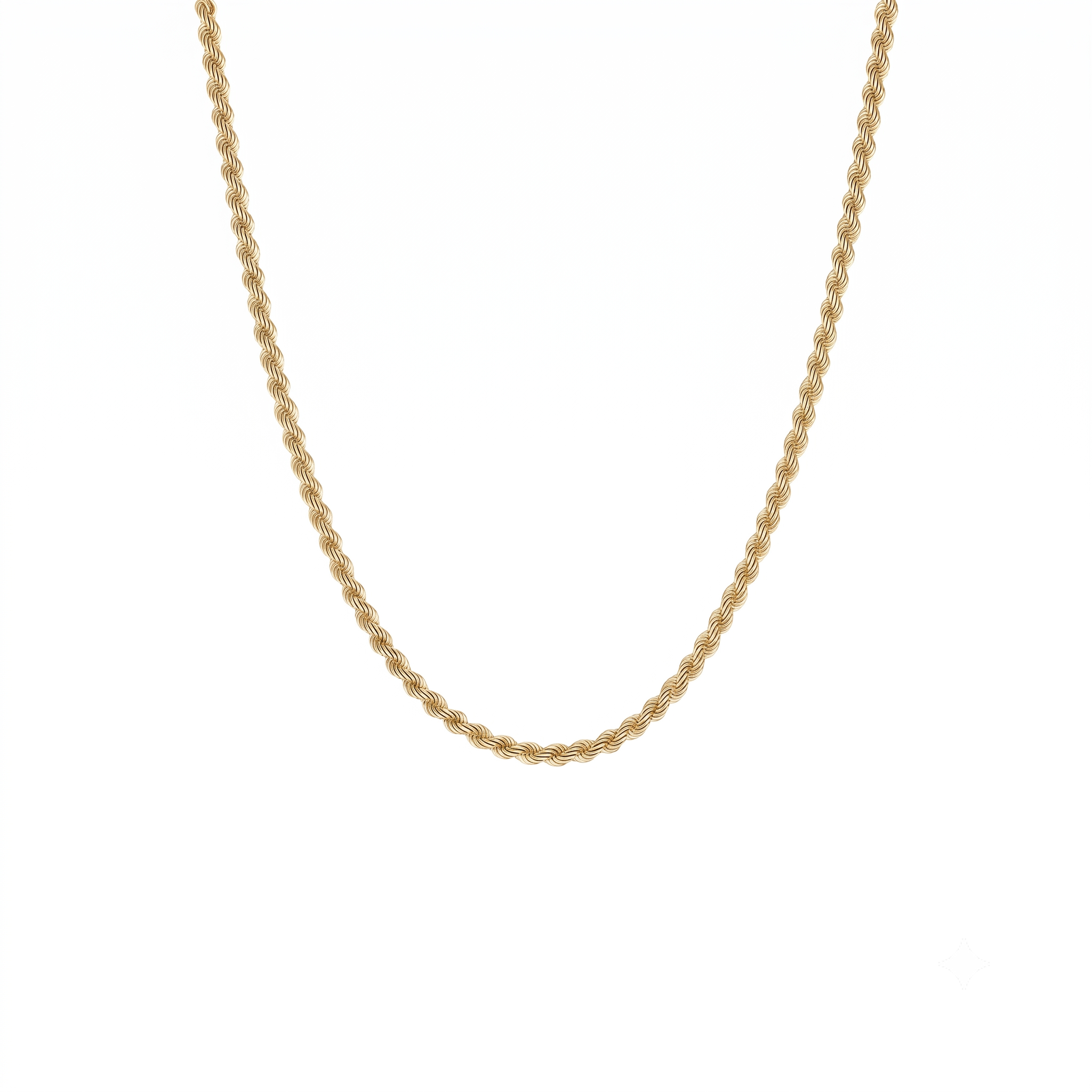 A gold chain necklace with a textured, twisted rope-like design, shown against a plain white background.
