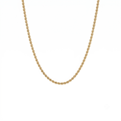 A gold chain necklace with a textured, twisted rope-like design, shown against a plain white background.