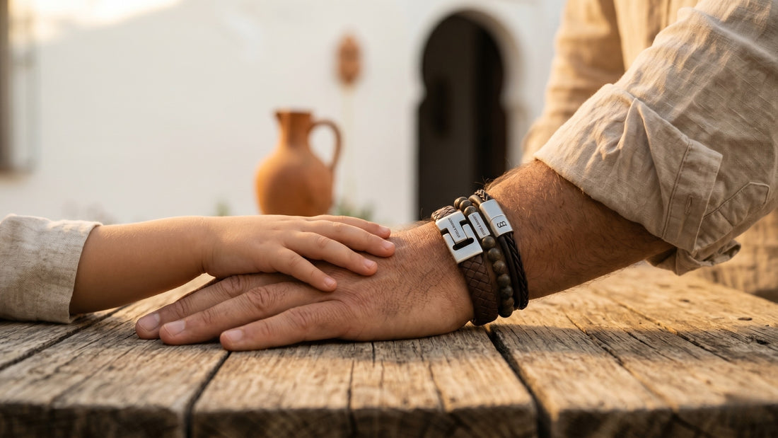 Men's stacked leather and beaded bracelets in brown and black with stainless steel details worn on wrist. Child's hand on father's hand. 