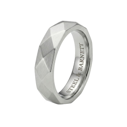 Silver stainless steel men's ring with a brushed faceted geometric design isolated on a white background