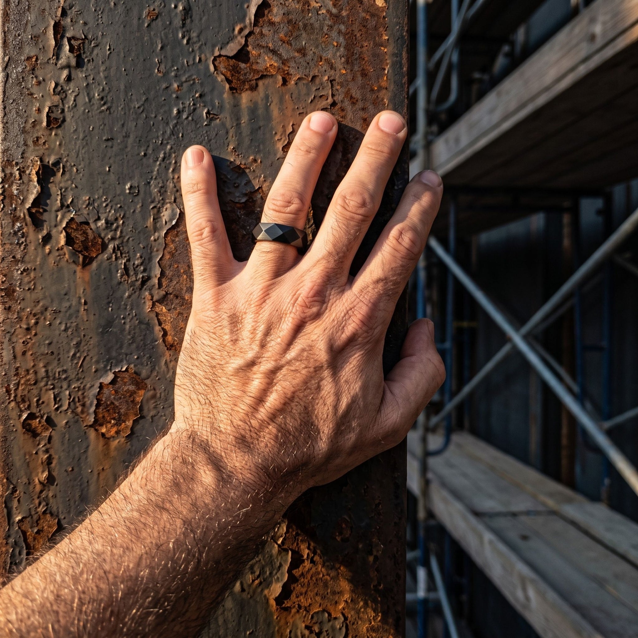 Black stainless steel men's ring with a faceted geometric design worn on a hand against a weathered industrial steel surface