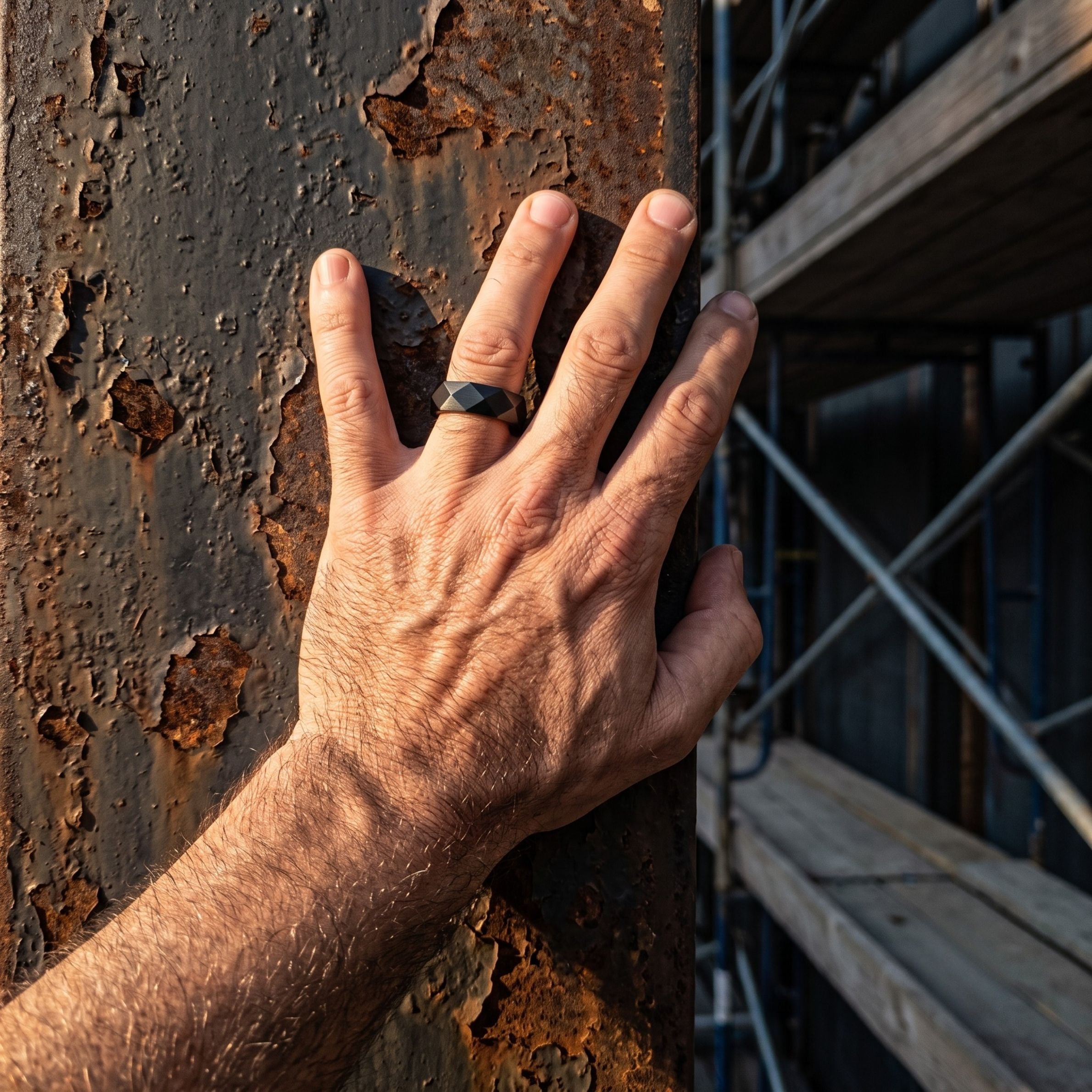 Black stainless steel men's ring with a faceted geometric design worn on a hand against a weathered industrial steel surface