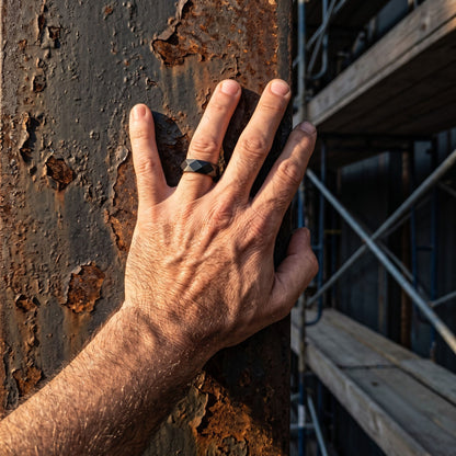 Black stainless steel men's ring with a faceted geometric design worn on a hand against a weathered industrial steel surface