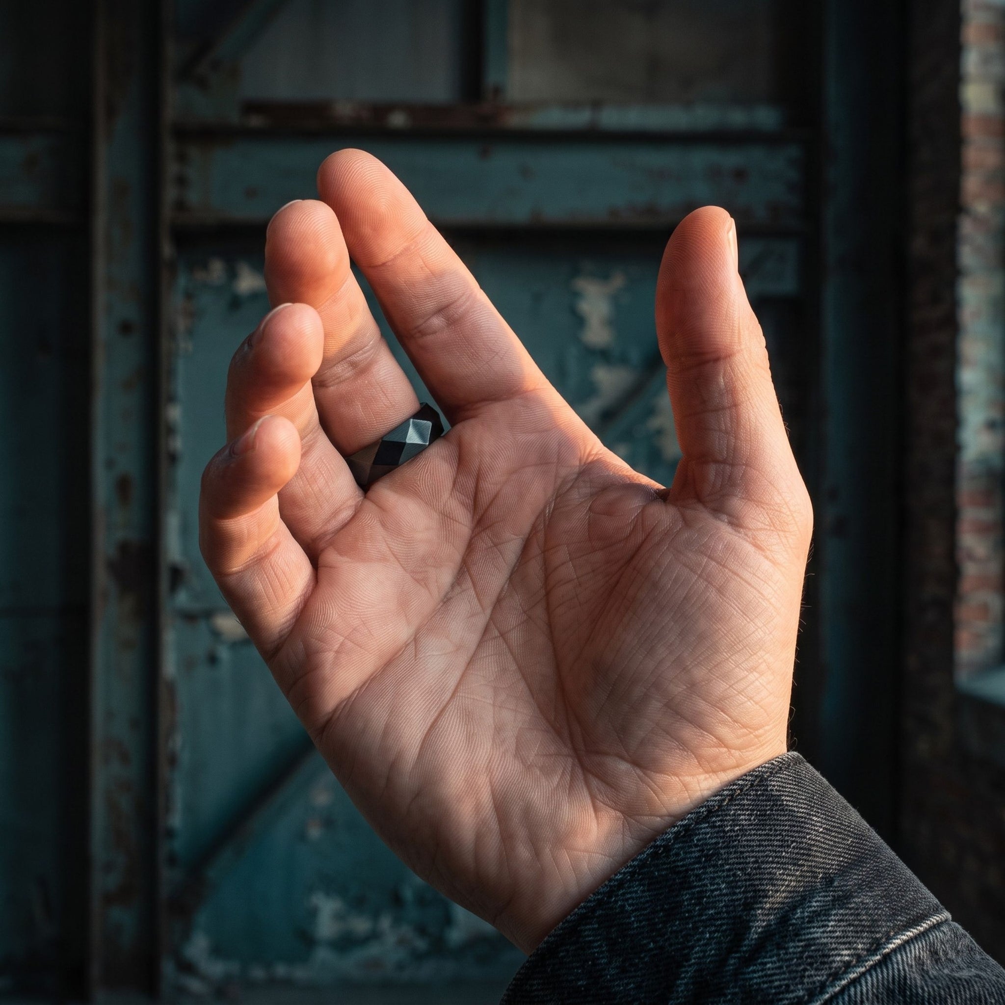Black stainless steel men's ring with a faceted geometric design shown on a raised hand in an industrial setting