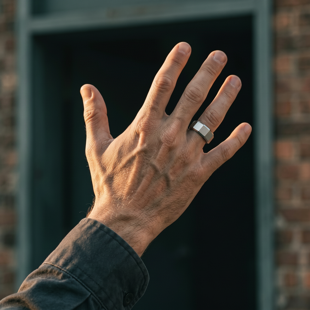 Silver stainless steel men's ring with a brushed geometric design worn on a raised hand in an outdoor industrial setting