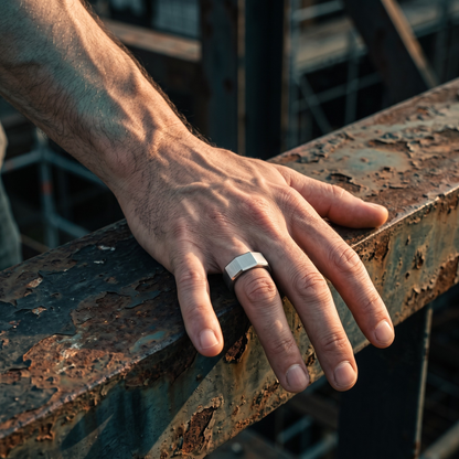 Silver stainless steel men's ring with a brushed geometric design worn on a hand resting on a weathered industrial steel beam