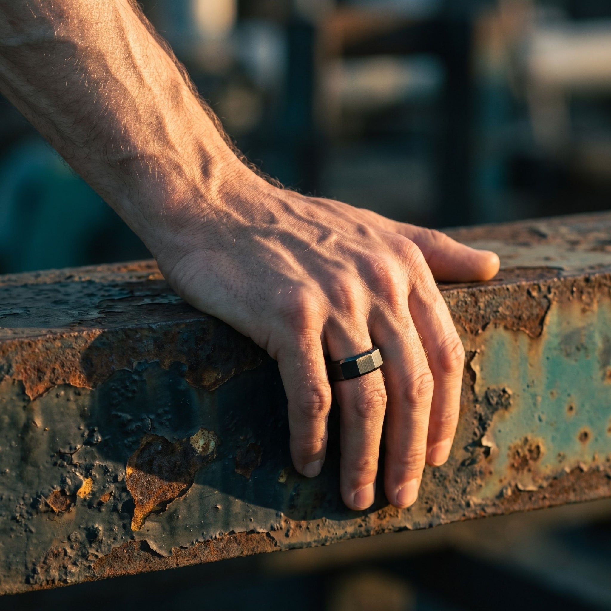 A close-up of a person's hand resting on a weathered, rusted metal beam, wearing a matte black rectangular ring.