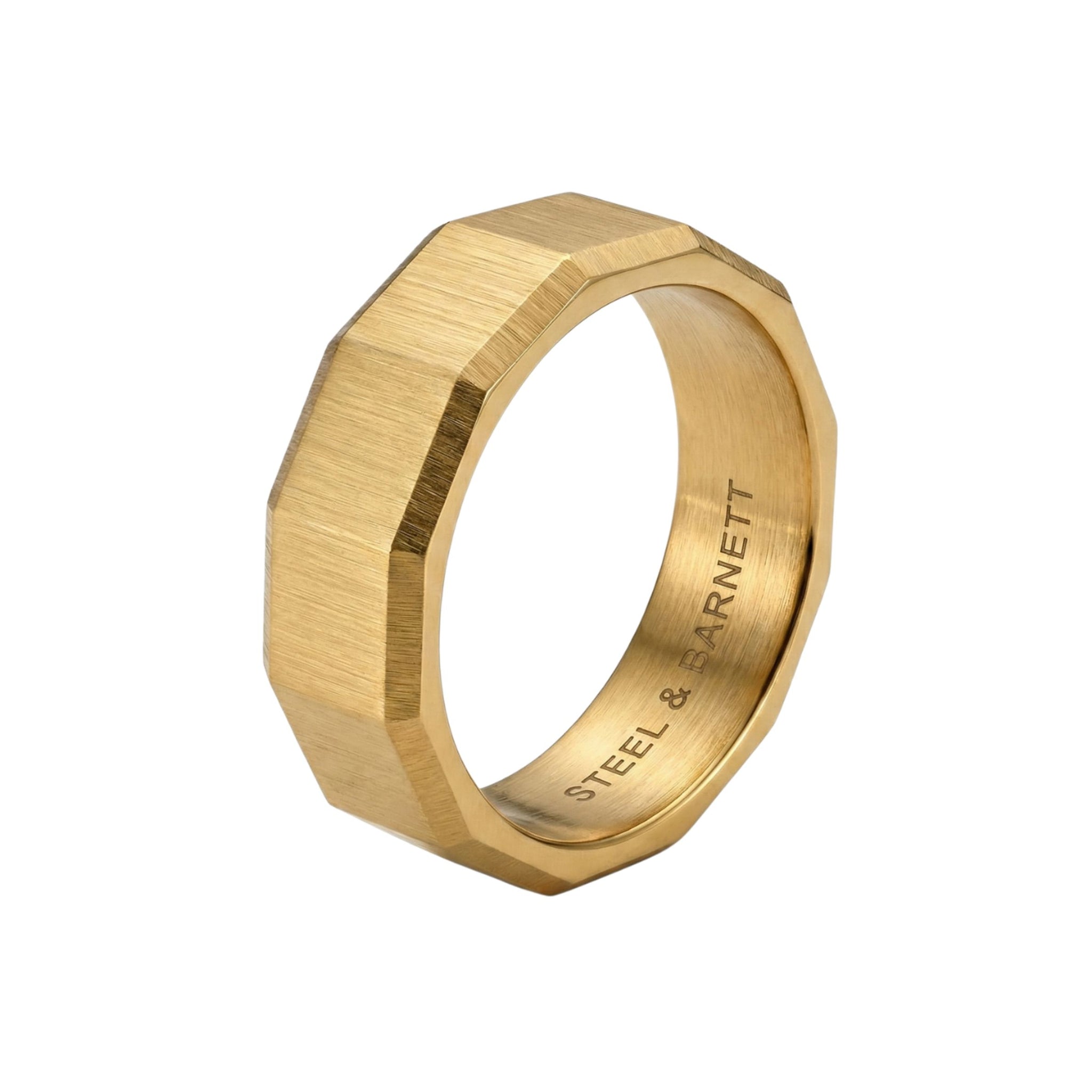 Gold stainless steel men's ring with a brushed geometric design isolated on a white background