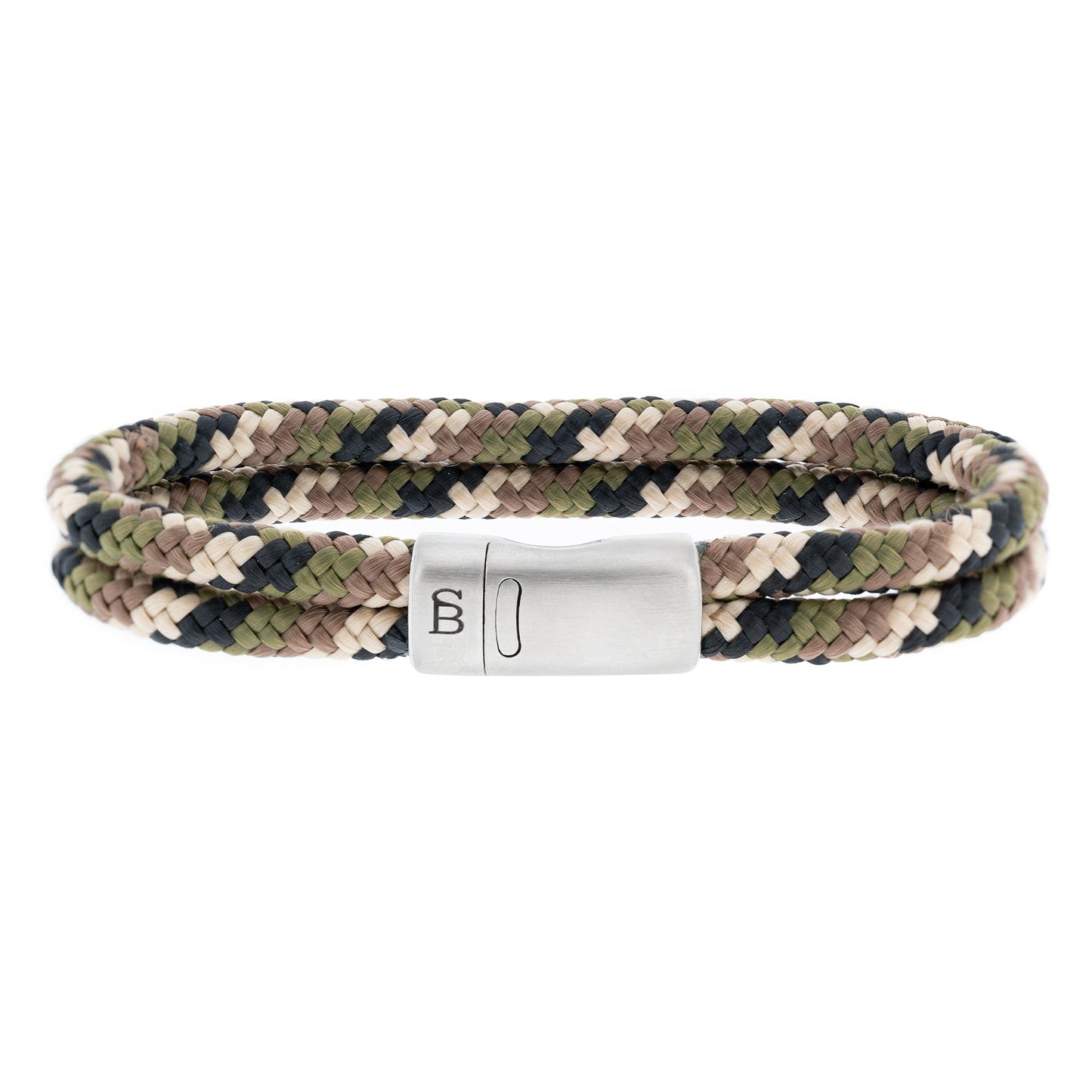 Double rope bracelet, camouflage, green and brown, stainless steel clasp, steel and barnett