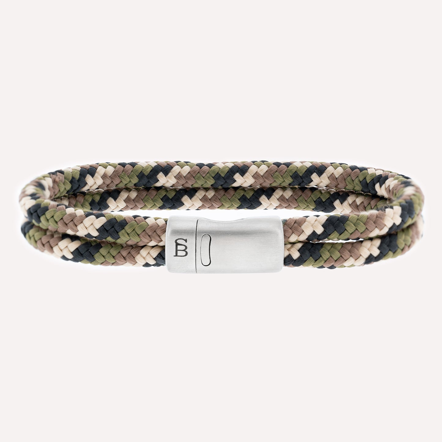 Double rope bracelet, camouflage, green and brown, stainless steel clasp, steel and barnett