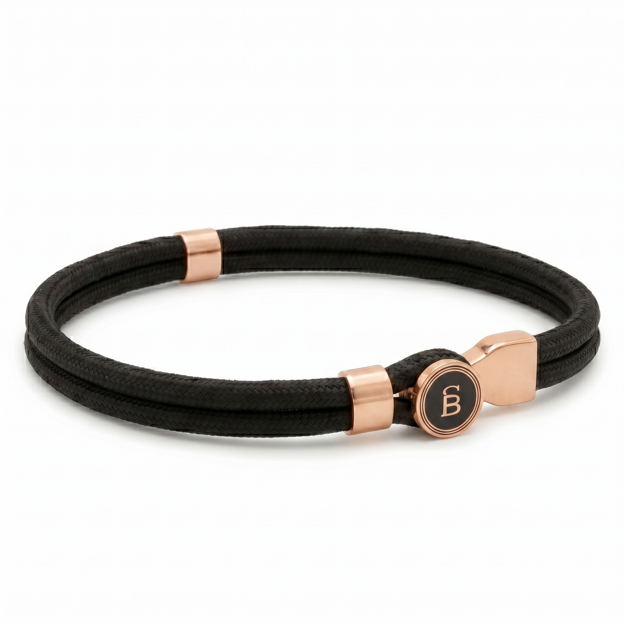 Black rope men’s bracelet with plated 18K gold clasp and round logo detail on a white background