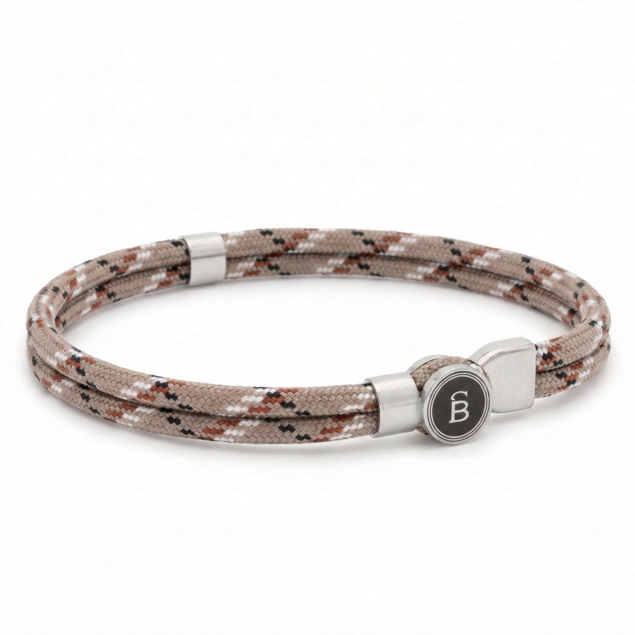 Beige patterned rope men’s bracelet with brushed stainless steel magnetic clasp and round logo detail on a white background