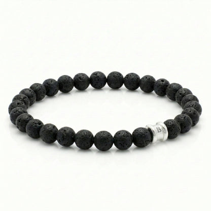 Black lava stone men’s bracelet with round natural stone beads and stainless steel accent bead on a white background
