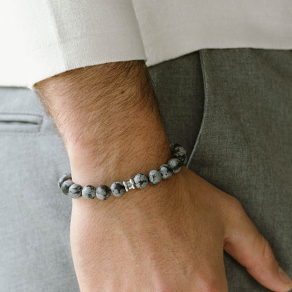 stone bracelet for men steel and barnett 8mm Round Gemstone Bracelet Snowflake Obsidian