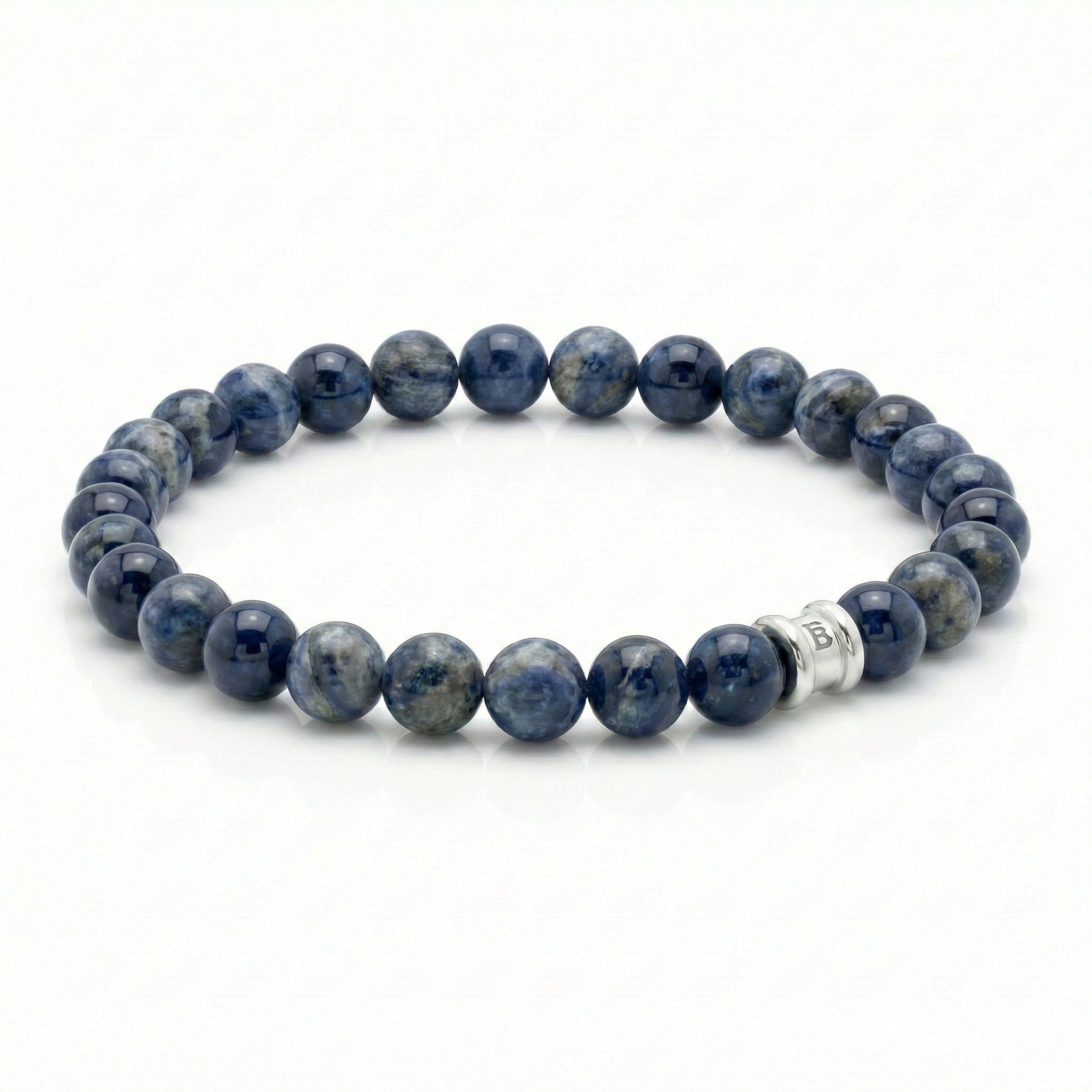Blue natural stone men’s bracelet with polished round beads and stainless steel accent bead on a white background