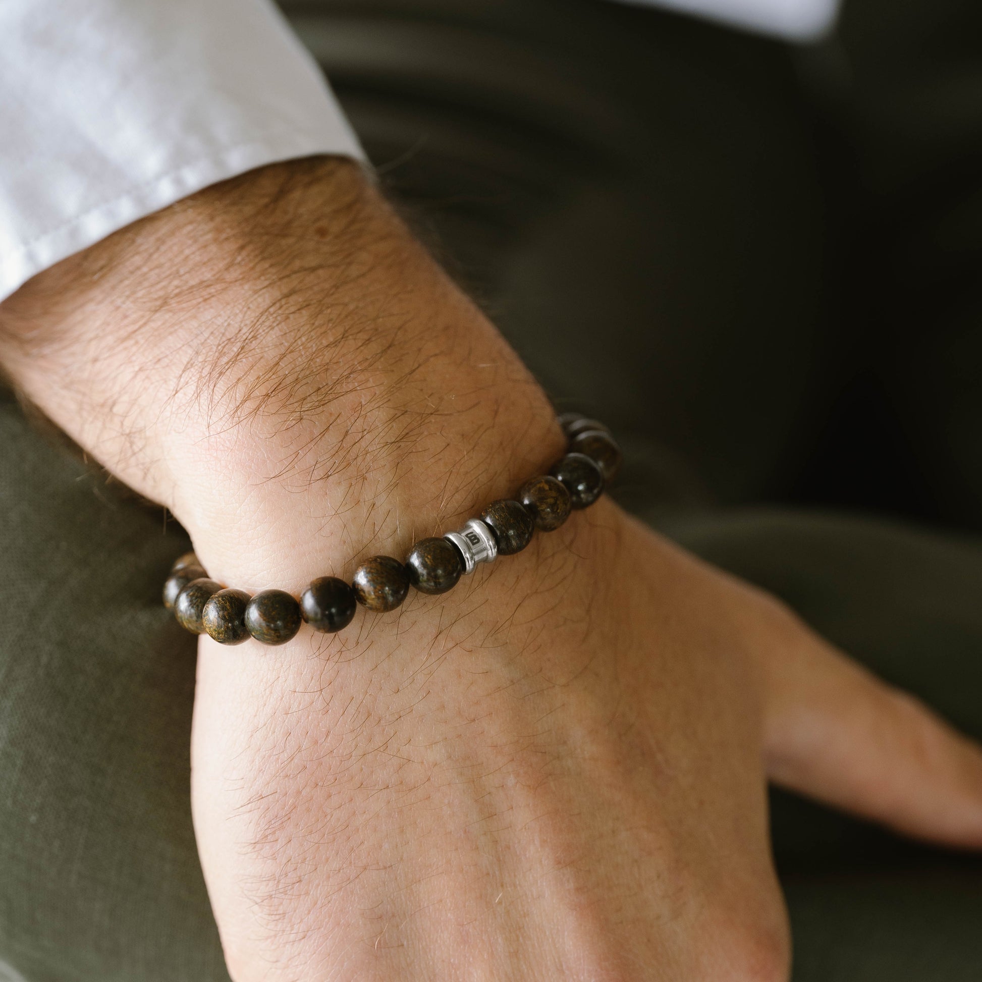 8mm Round Gemstone Bracelet Bronzite beaded stone bracelet for men steel and barnett