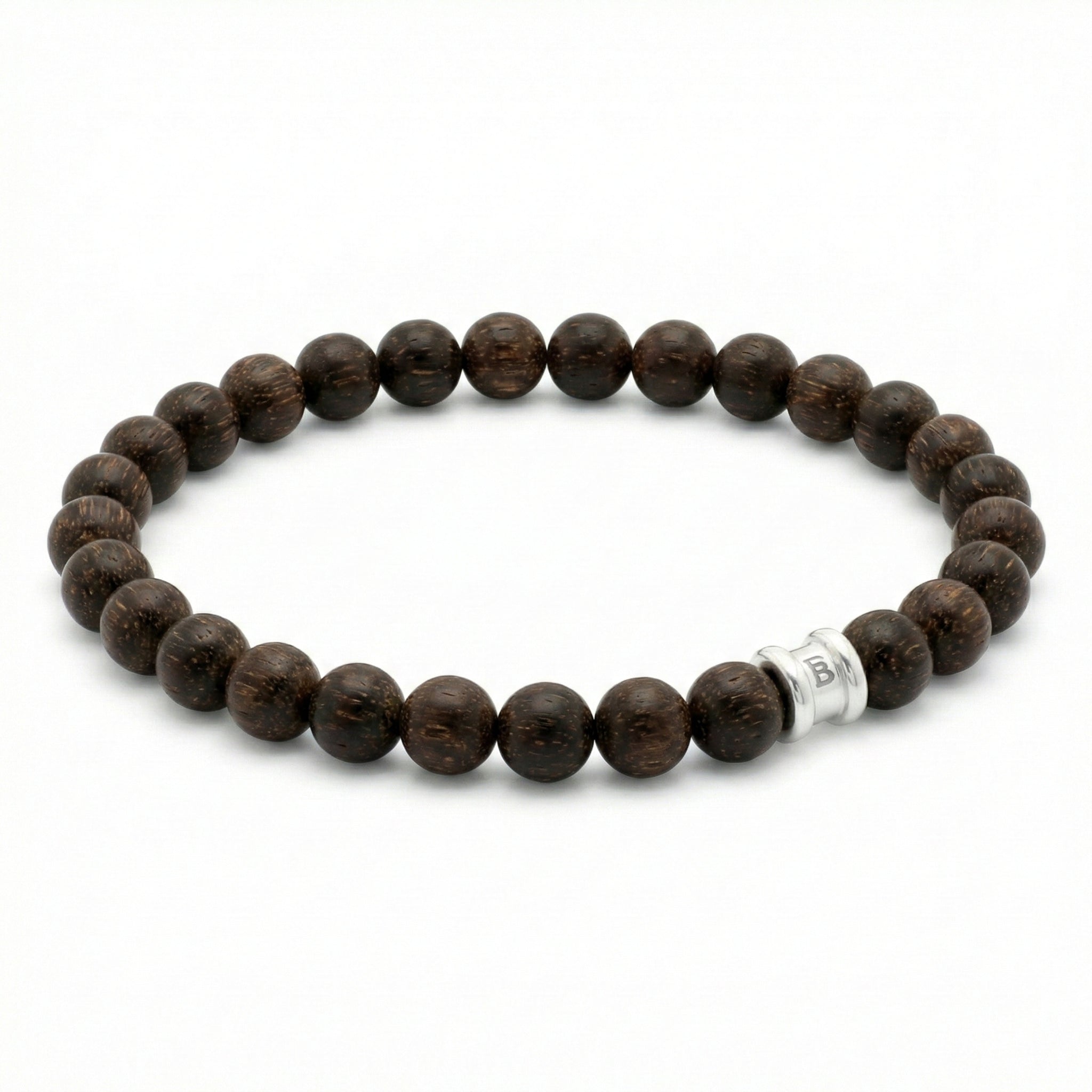 Dark brown wooden bead men’s bracelet with round matte beads and stainless steel accent bead on a white background