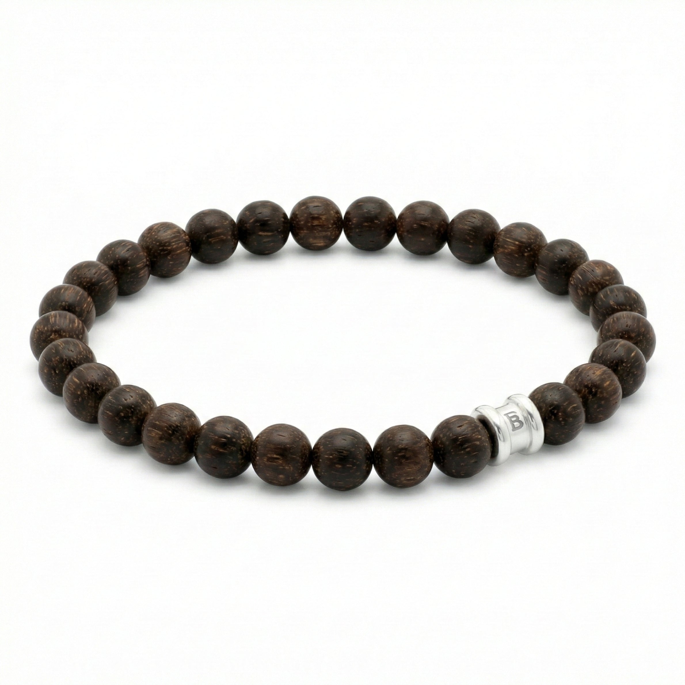 Dark brown wooden bead men’s bracelet with round matte beads and stainless steel accent bead on a white background