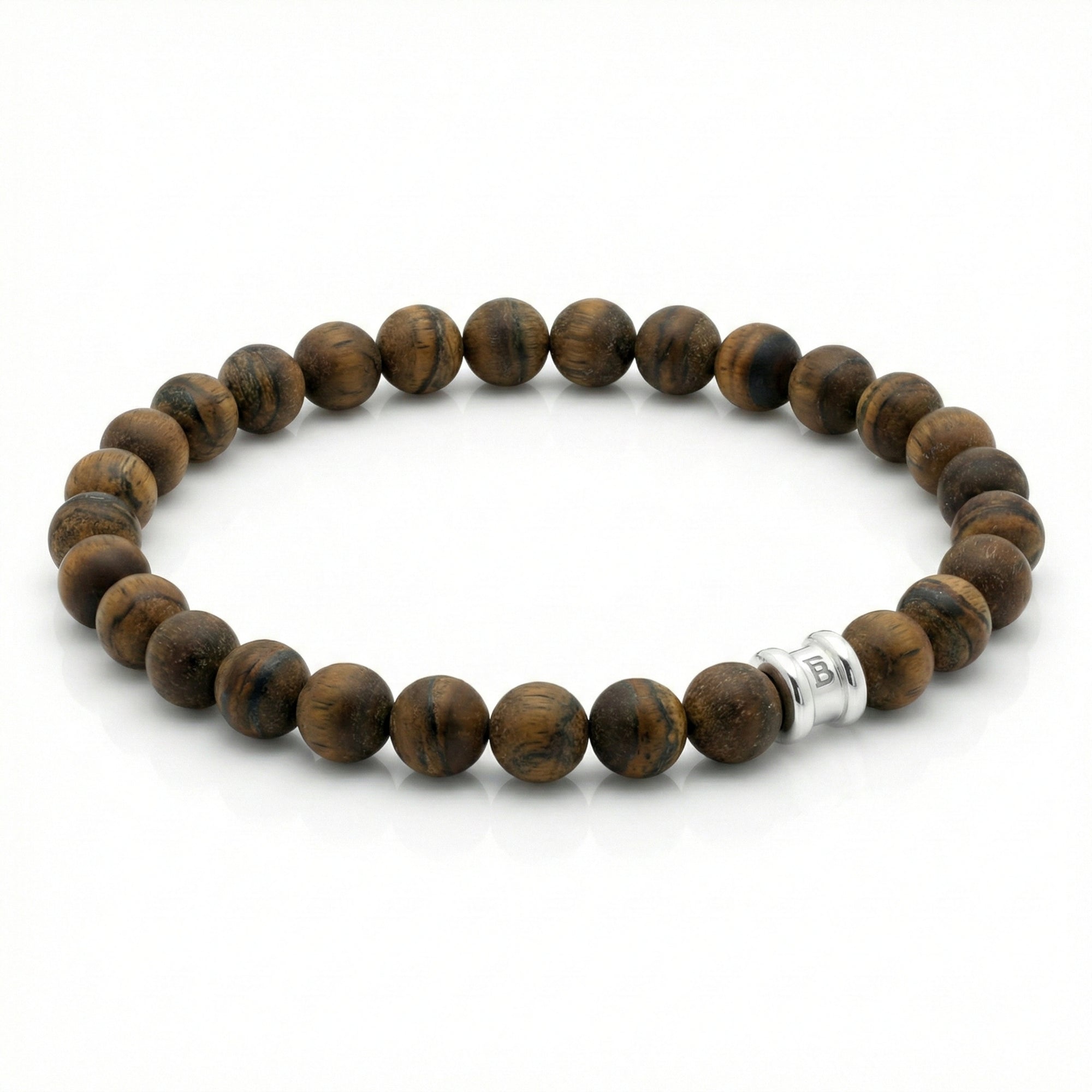 Brown tiger eye men’s bracelet with round matte beads and stainless steel accent bead on a white background