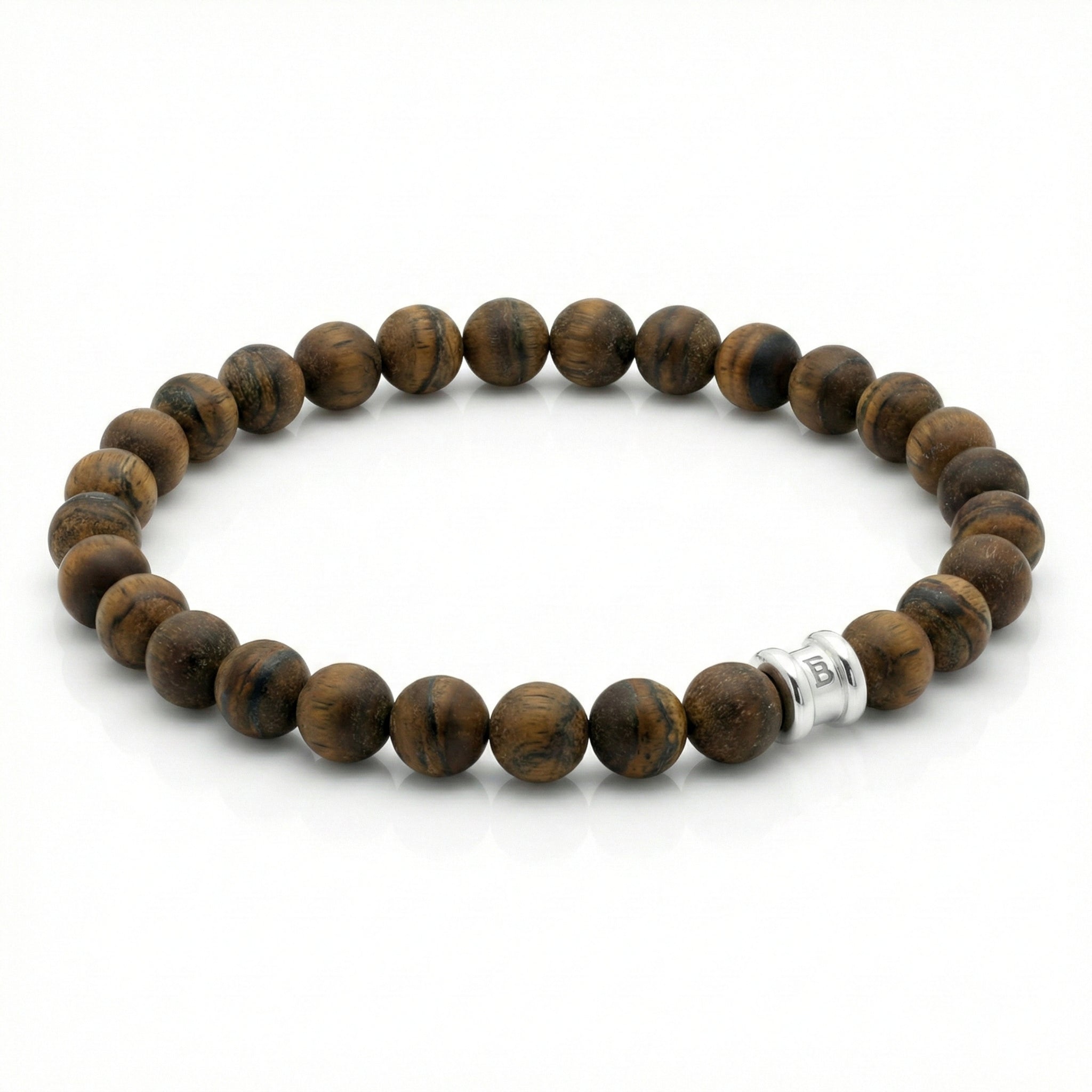Brown tiger eye men’s bracelet with round matte beads and stainless steel accent bead on a white background