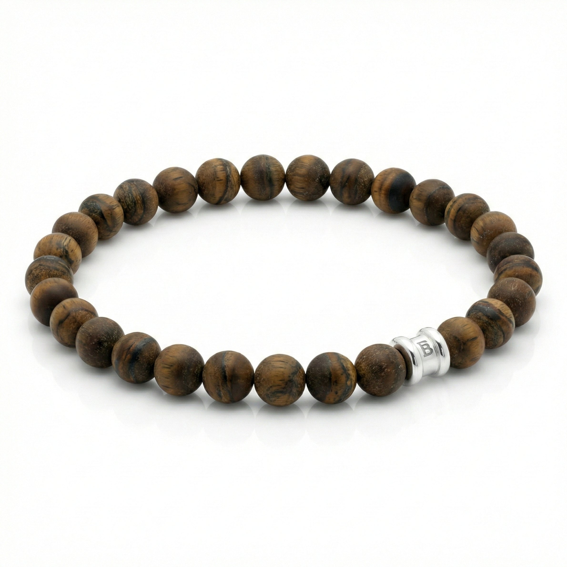 Brown tiger eye men’s bracelet with round matte beads and stainless steel accent bead on a white background