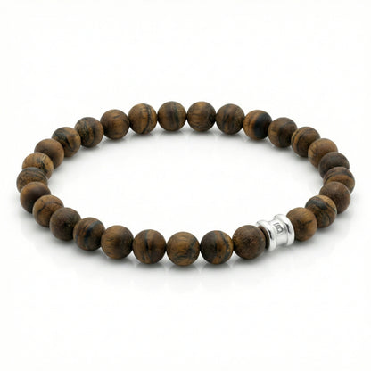 Brown tiger eye men’s bracelet with round matte beads and stainless steel accent bead on a white background