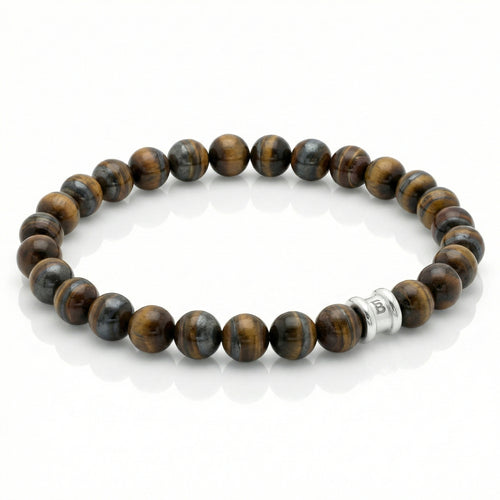 Brown tiger eye men’s bracelet with polished round natural stone beads and stainless steel accent bead on a white background