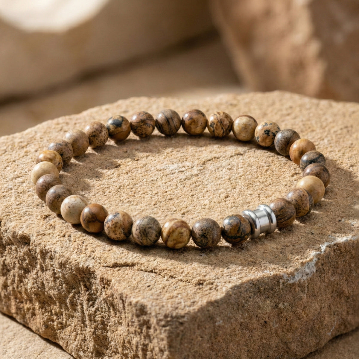 Beige and brown jasper men’s bracelet with round matte beads and stainless steel accent on a textured stone surface