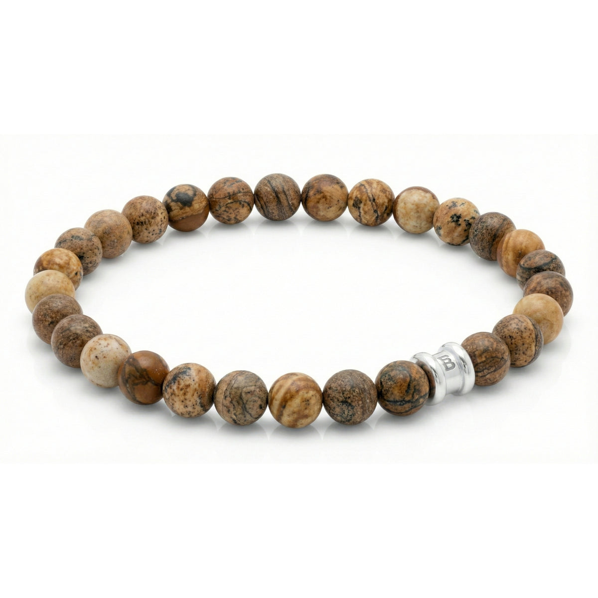 Beige and brown jasper men’s bracelet with round matte beads and stainless steel accent bead on a white background